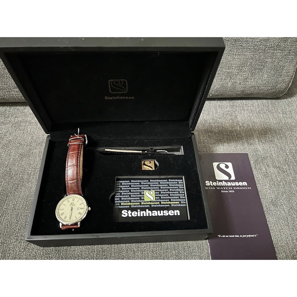 Steinhausen Swiss Movt Men's Date Dial 5 Jewels Leather Band Slim Watch Case